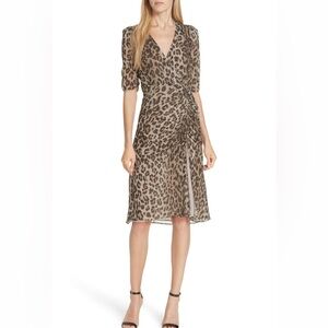 Nicholas Leopard Silk Slit Midi Dress Size 4 Ruched Night Out Event Party